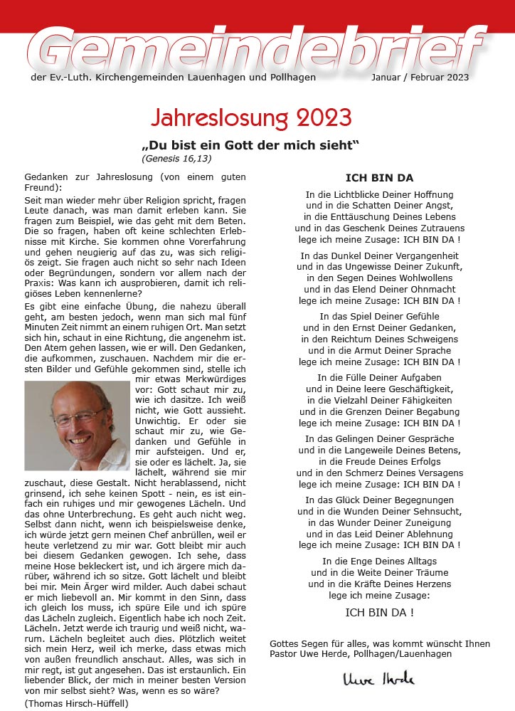 Gemeindebrief der Kirchengemeinden Lauenhagen und Pollhagen Januar Februar 2023